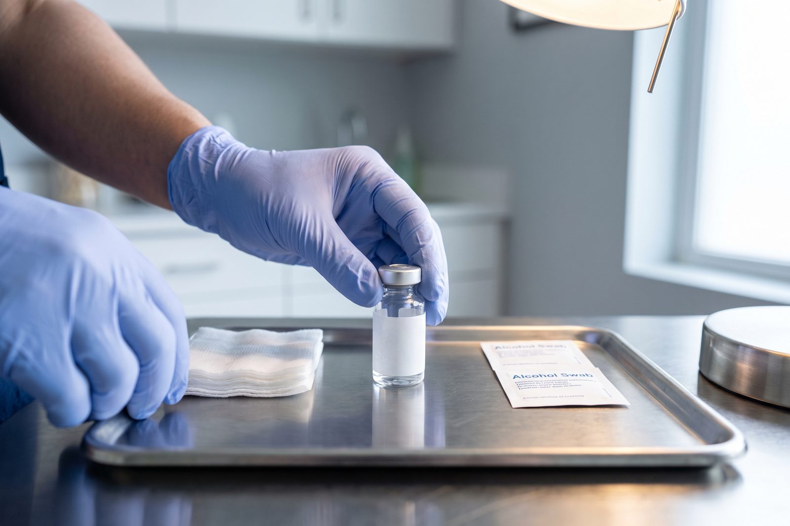 AI-generated illustration of gloved hands setting a small unmarked glass vial on a steel tray next to gauze pads