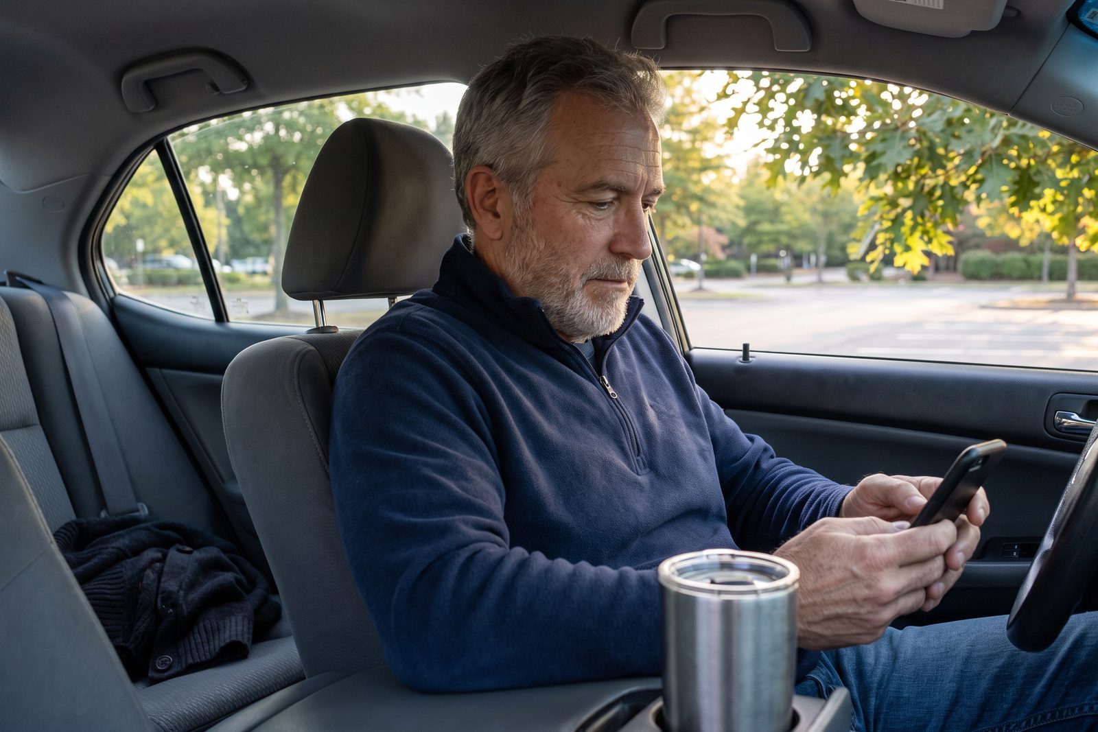 AI-generated illustration of a gray-haired man in a parked car checking his phone in early evening light