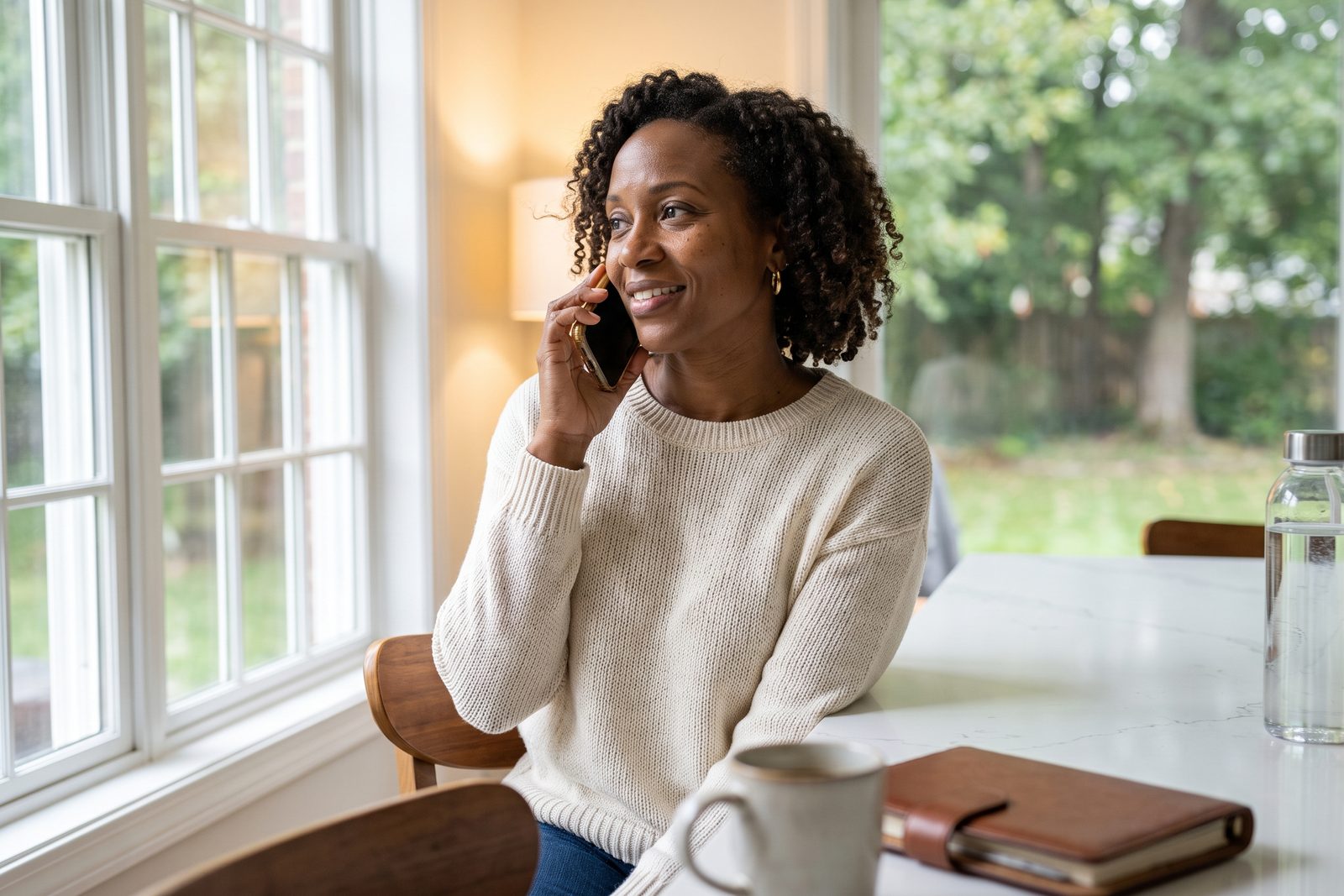 AI-generated illustration of a woman at a kitchen island on a phone call with a coffee mug and a closed planner beside her