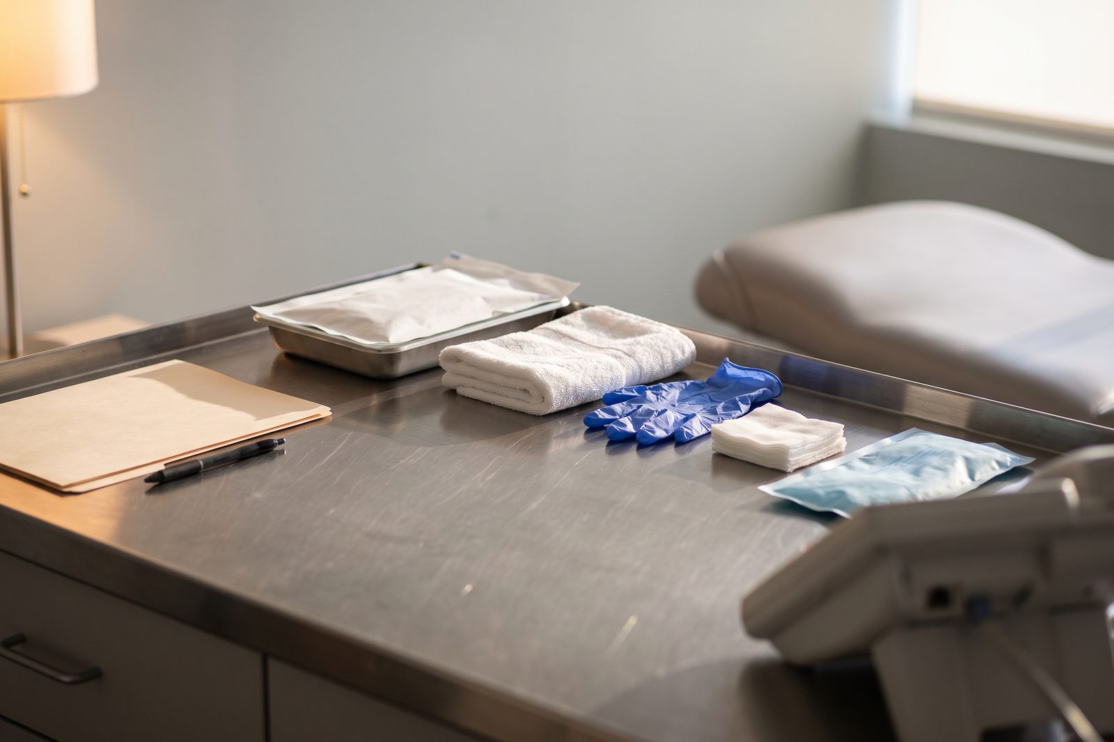 AI-generated illustration of a treatment room counter with folded gloves, gauze, a cold pack and a sealed sterile tray