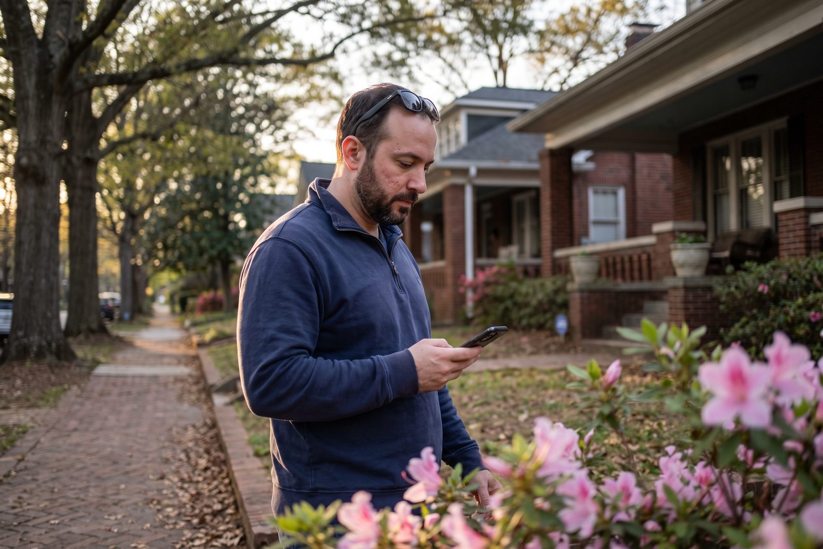 AI-generated illustration of a man walking under oak trees on a shaded neighborhood sidewalk while glancing at his phone