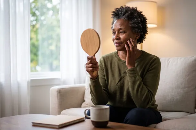 AI-generated illustration of a woman in her 50s on a living room sofa studying her cheekbone in a small hand mirror