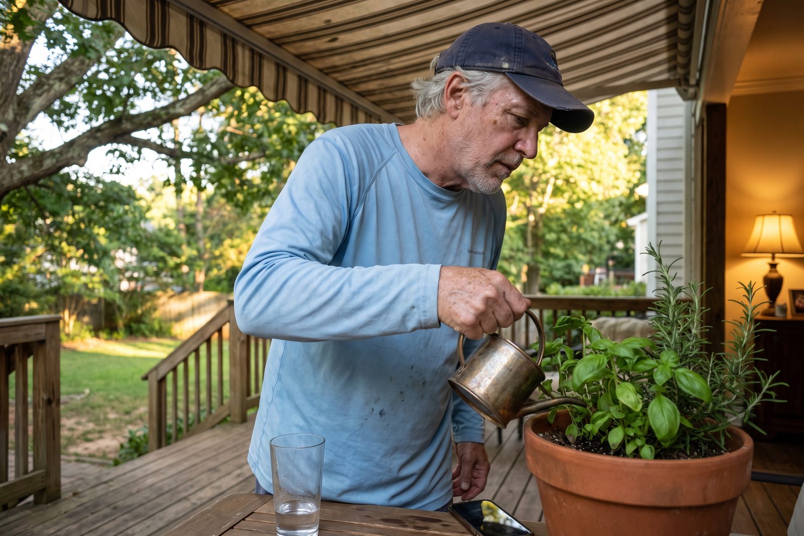 AI-generated illustration of a silver-haired man in a cap and long sleeves watering potted herbs on a shaded back deck