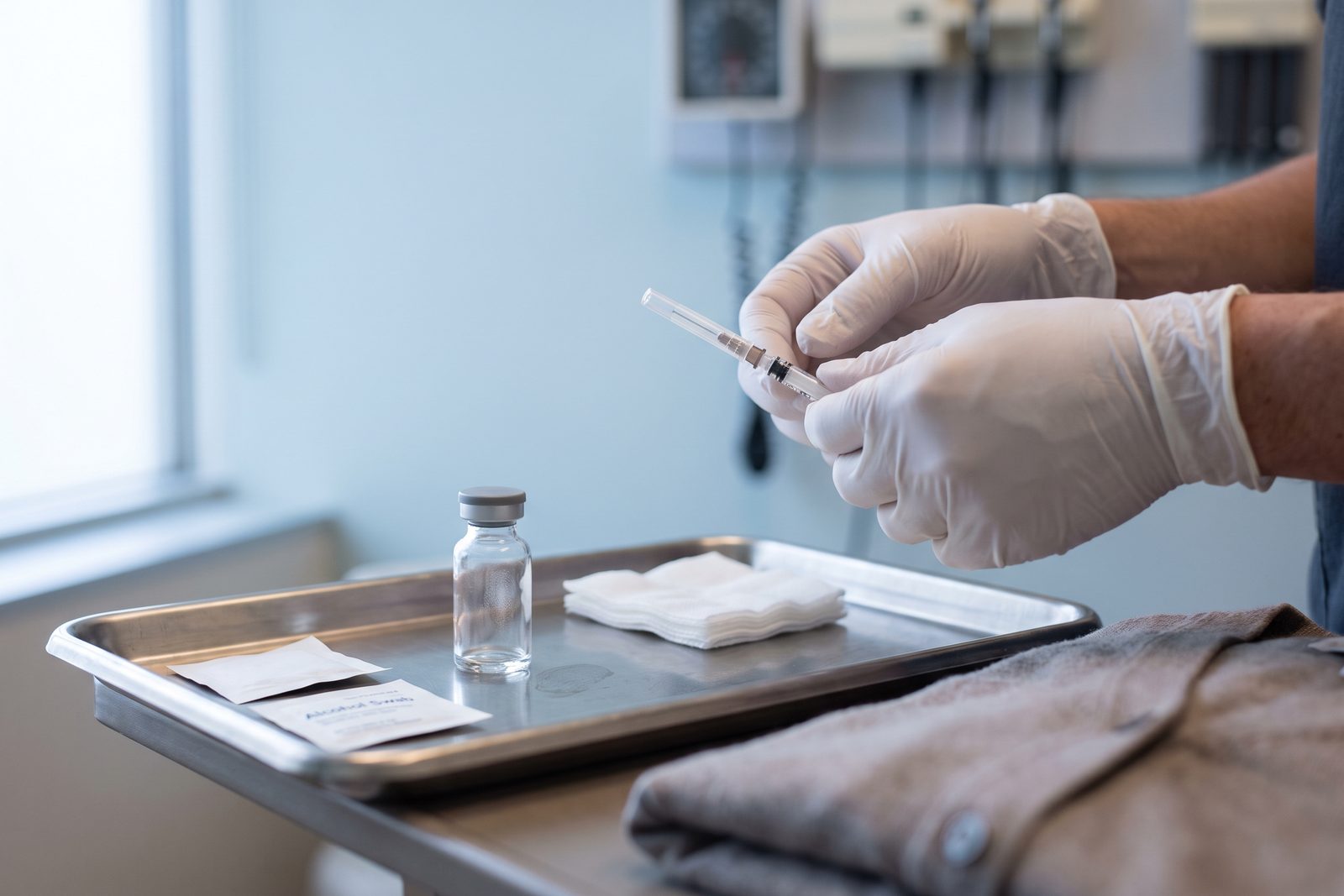 AI-generated illustration of gloved hands holding a capped syringe beside a small unmarked glass vial on a steel tray