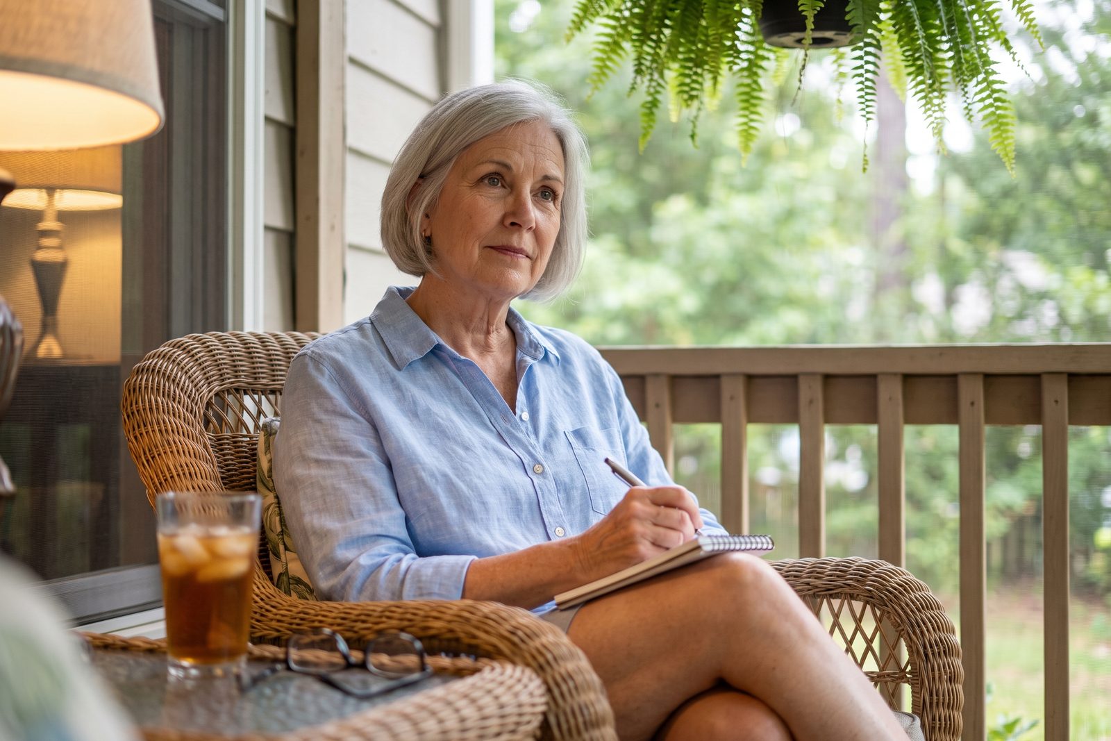 AI-generated illustration of a silver-haired woman on a screened porch writing in a small notebook