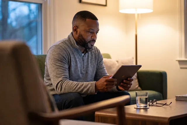 AI-generated illustration of a man on a living room sofa in the evening reading a tablet beside a lamp