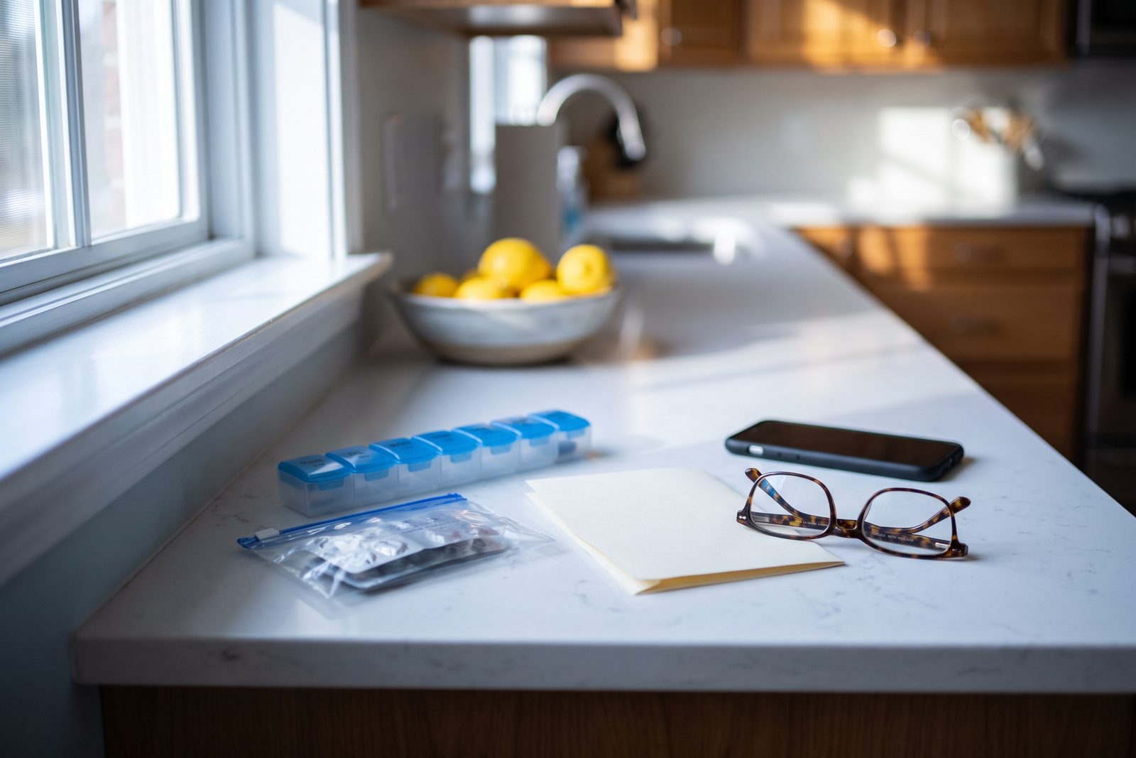 AI-generated illustration of pill bottles, a weekly pill organizer and reading glasses on a kitchen counter