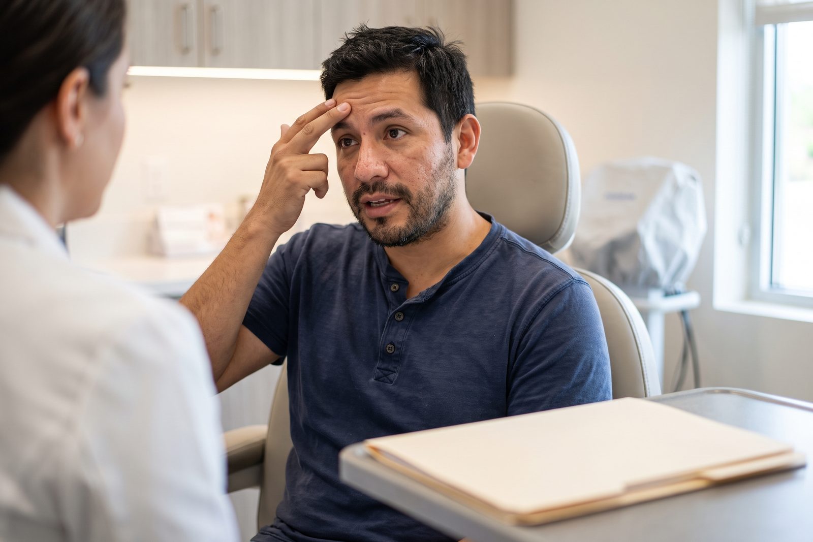AI-generated illustration of a man in a treatment chair pointing to his forehead while asking a clinician a question