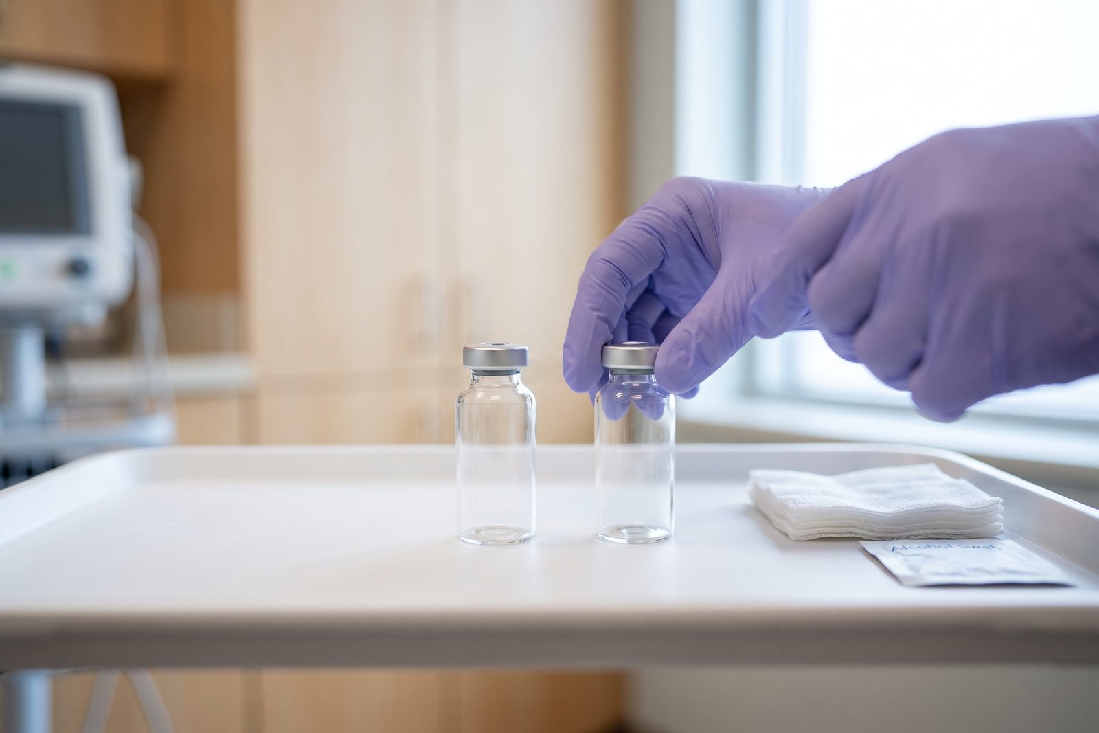 AI-generated illustration of two identical small unmarked glass vials on a white tray with gloved fingertips adjusting one