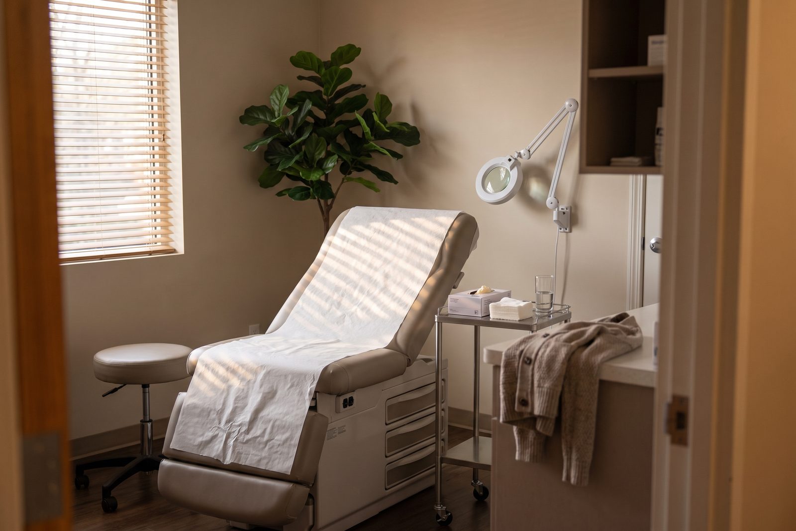 AI-generated illustration of a quiet treatment room with a reclined chair and window blinds casting soft stripes of light