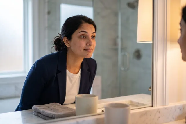 AI-generated illustration of a woman at a bathroom mirror in morning light, raising her eyebrows to study her forehead