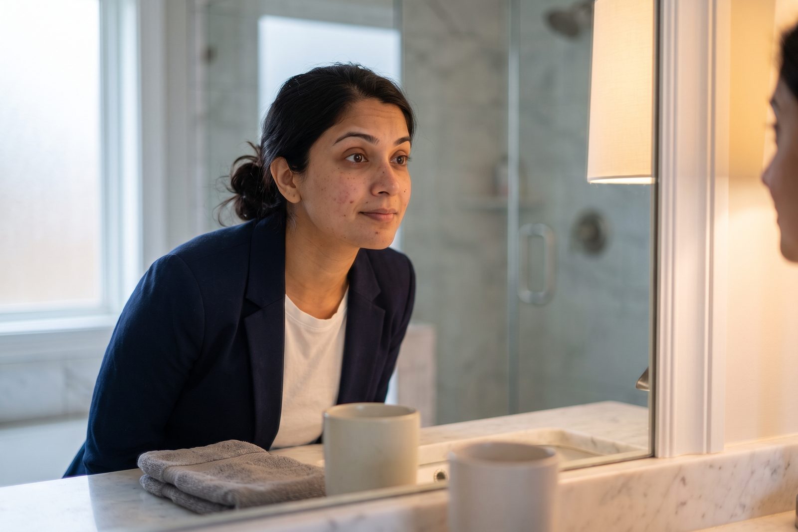 AI-generated illustration of a woman at a bathroom mirror in morning light, raising her eyebrows to study her forehead