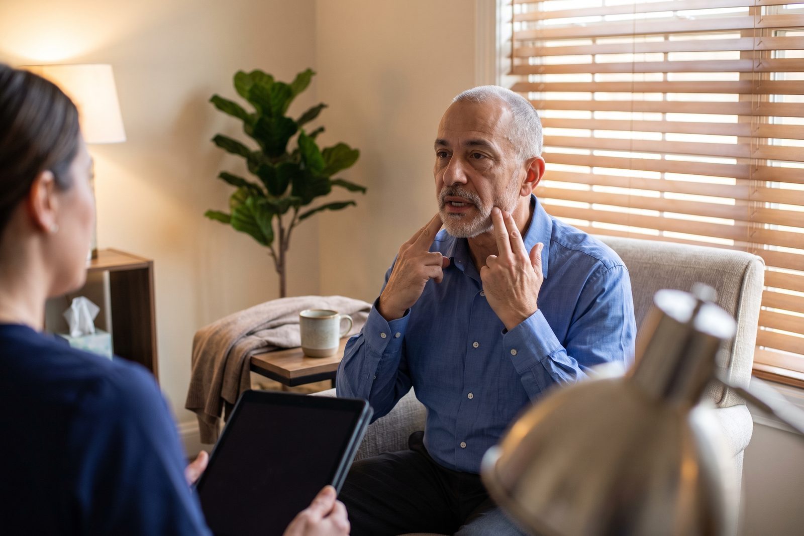 AI-generated illustration of a man in his 60s touching his jawline while talking with a clinician seen from behind