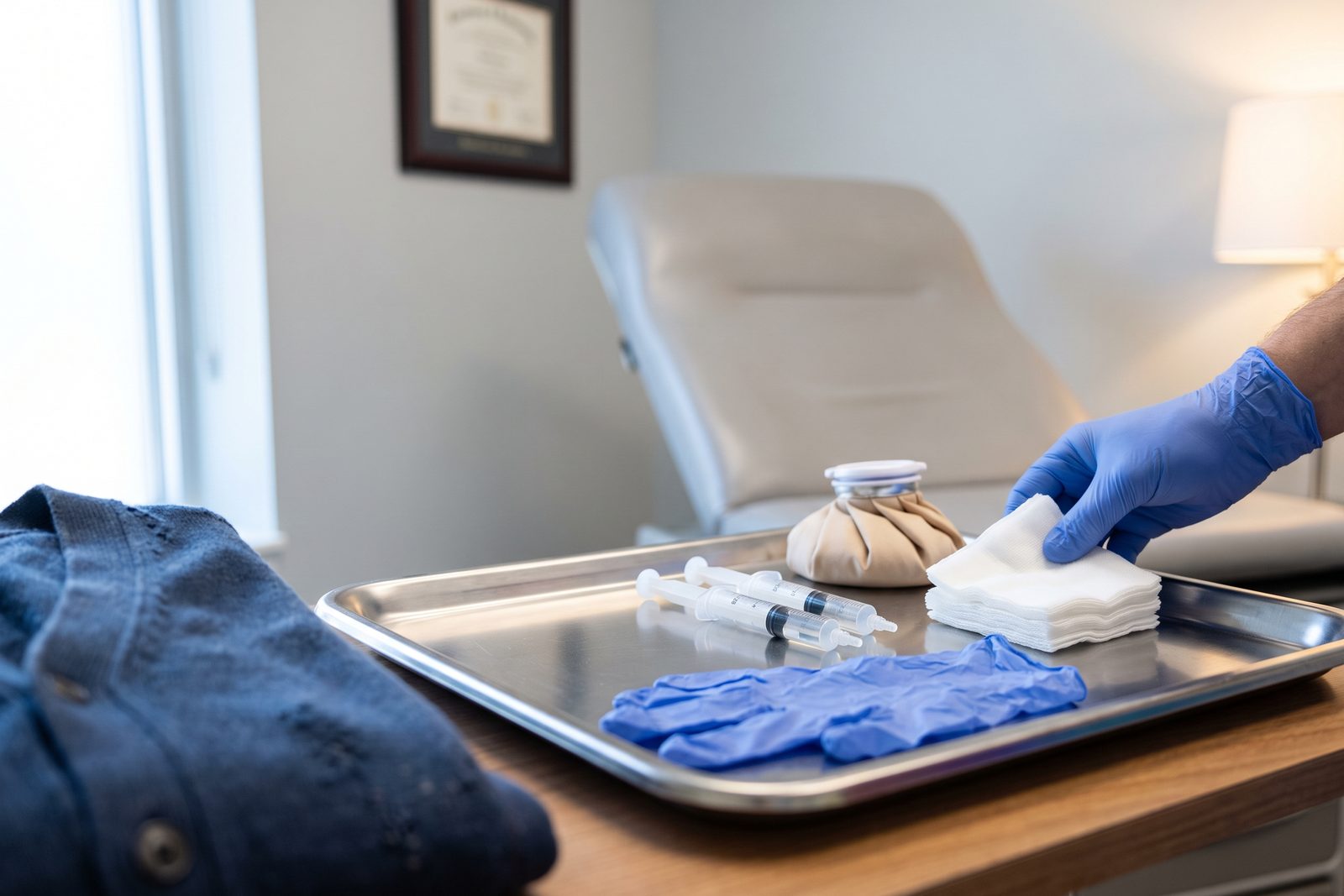 AI-generated illustration of a steel tray with capped syringes, gauze and a cloth-wrapped ice pack in a treatment room