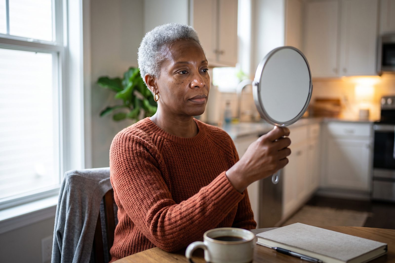 AI-generated illustration of a woman in her 50s at a kitchen table studying her cheek and jawline in a hand mirror