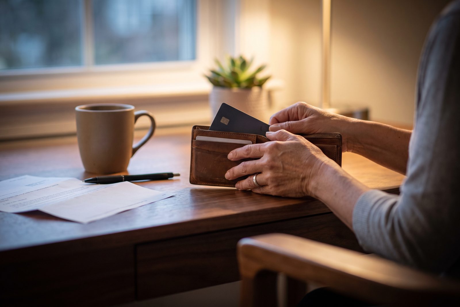 AI-generated illustration of hands closing a leather wallet beside a folded agreement and a coffee cup