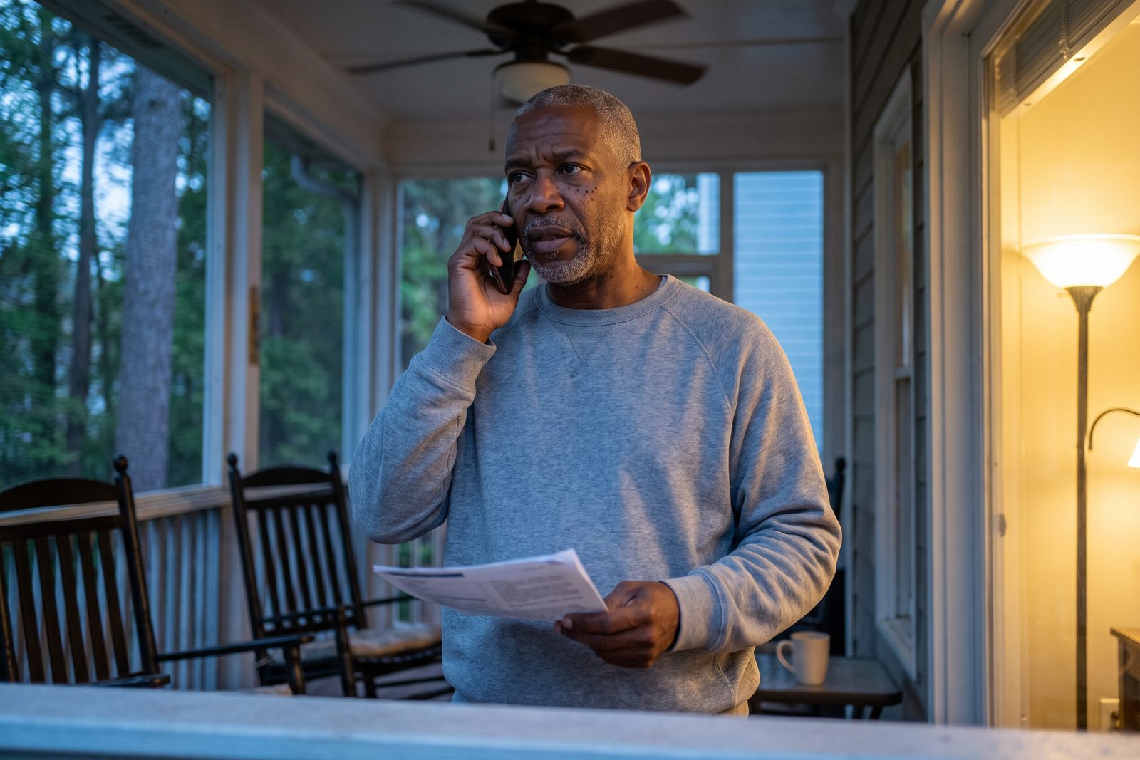 AI-generated illustration of a man on a screened porch at dusk talking on the phone with a folded agreement in hand