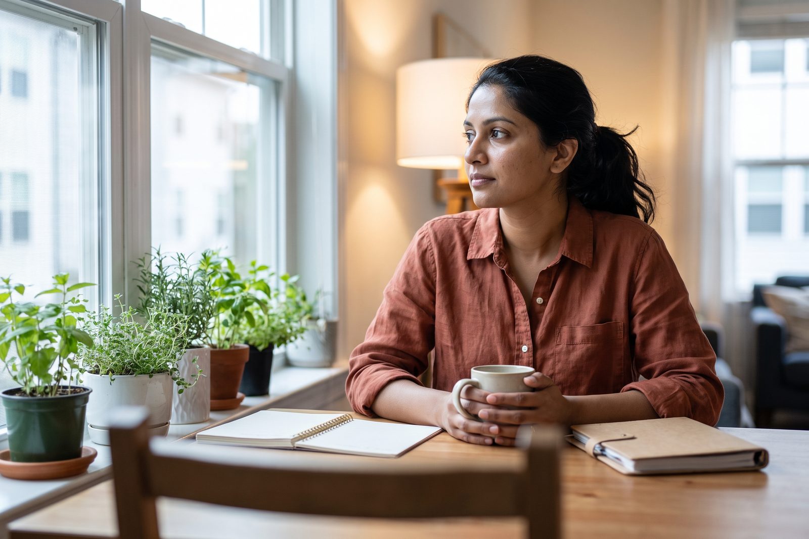 AI-generated illustration of a woman at a kitchen table with coffee and a laptop, thinking over a monthly budget