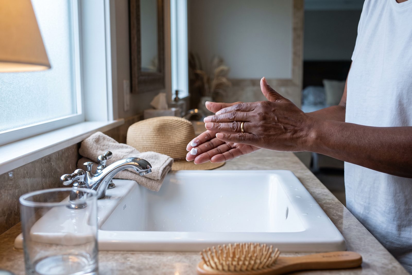 AI-generated illustration of an older woman's hands warming a small amount of plain white cream between her fingertips over a bathroom sink
