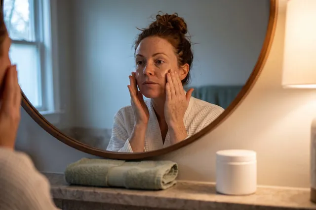 AI-generated illustration of a woman in her thirties patting moisturizer onto her cheeks in a calm bathroom in the evening