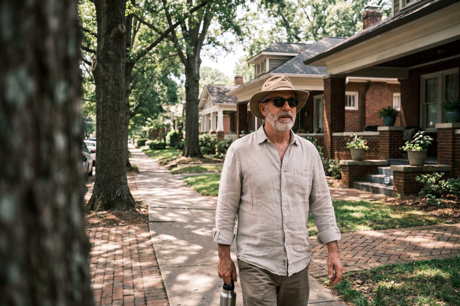 AI-generated illustration of a man in a wide-brimmed hat walking along a shaded, tree-lined sidewalk on a summer afternoon