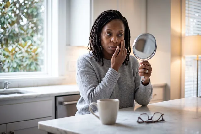 AI-generated illustration of a woman in her forties studying her cheek in a hand mirror at a sunlit kitchen counter