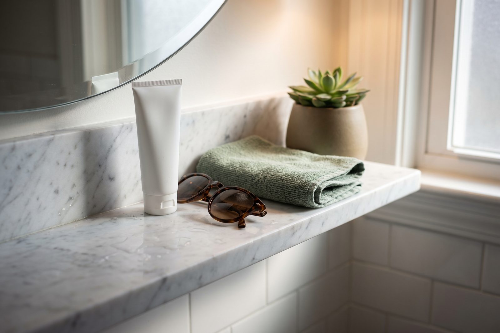 AI-generated illustration of a marble bathroom shelf with a plain white sunscreen tube, sunglasses, a folded washcloth and a small succulent