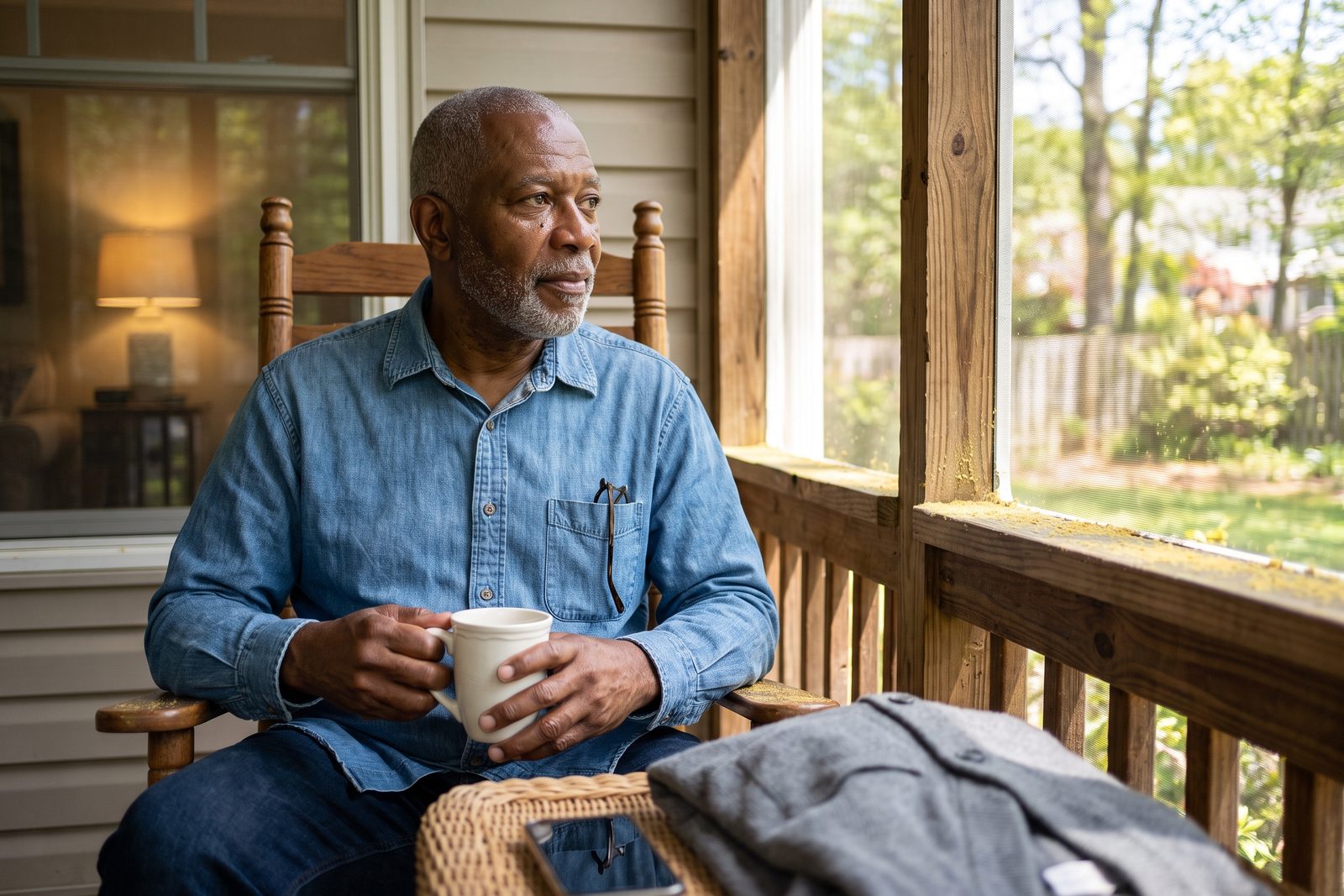 AI-generated illustration of a man in his 60s with a silver beard sitting on a back porch with coffee on a spring morning