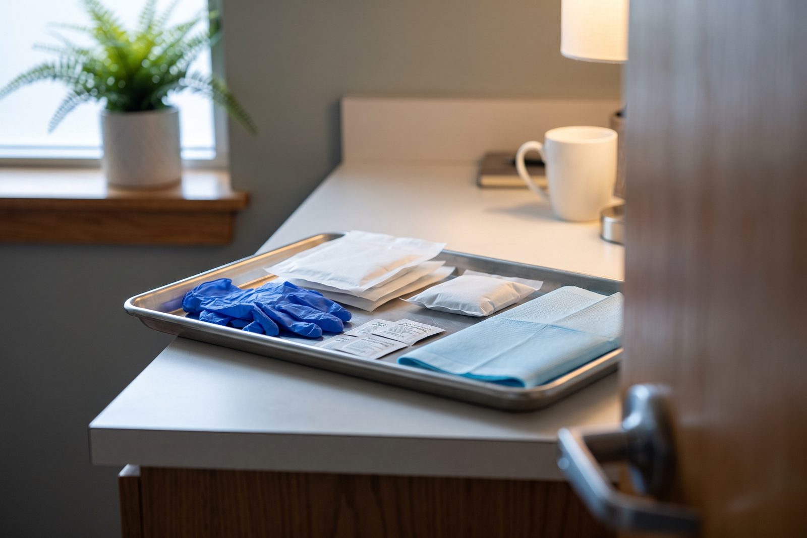 AI-generated illustration of gloves, sealed gauze and prep pads arranged on a stainless tray in a treatment room