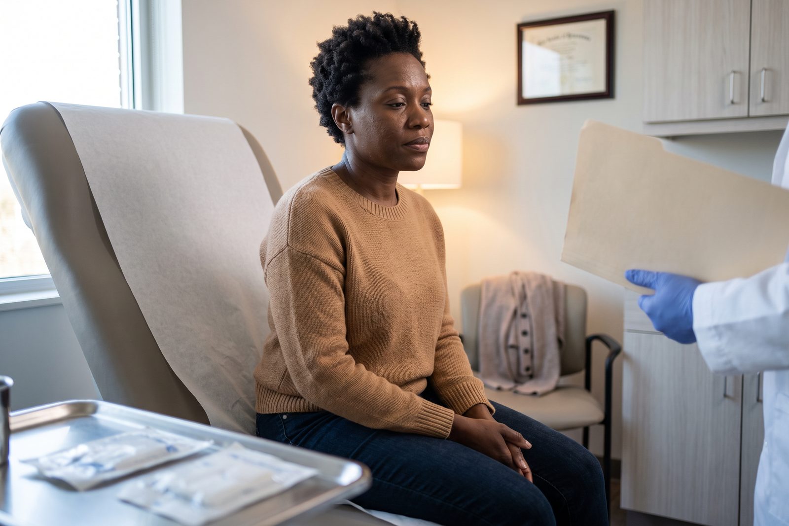 AI-generated illustration of a woman in a knit sweater sitting in a treatment chair, listening to a clinician whose gloved hand holds a folder