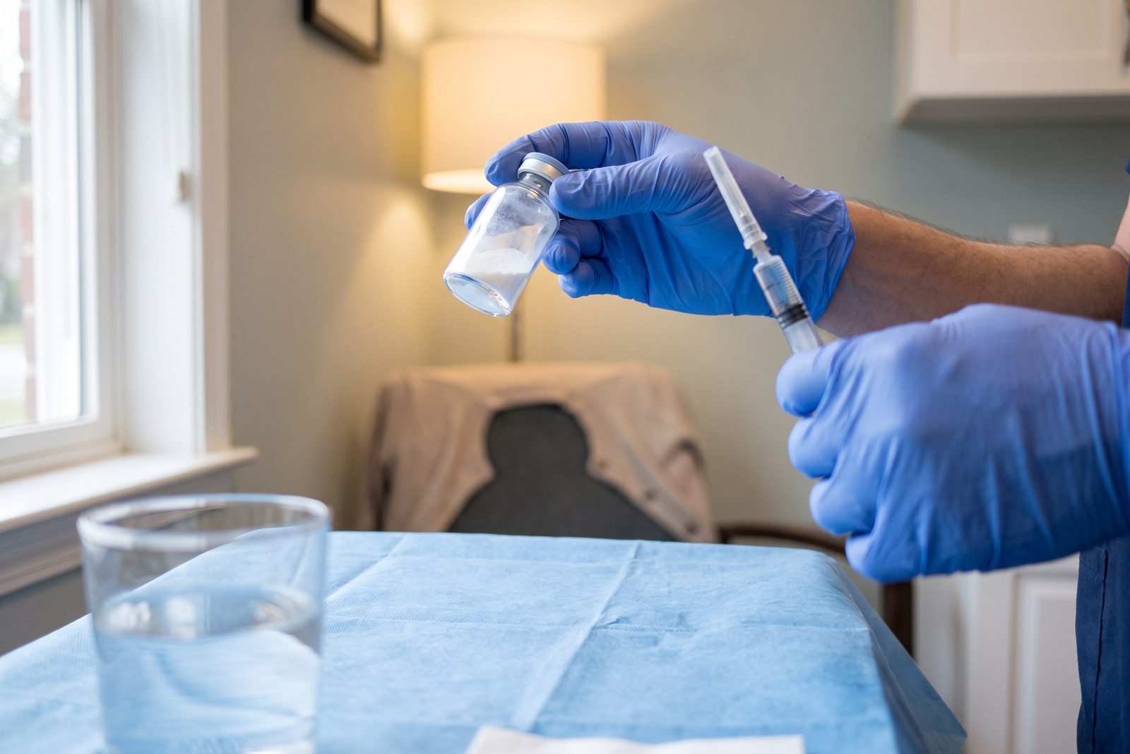 AI-generated illustration of gloved hands holding a small glass vial of white powder next to a capped syringe of clear liquid